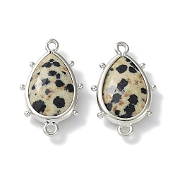 Dalmatian Jasper Natural Dalmatian Jasper Connector Charms, with Platinum Plated Brass Edge Loops, Faceted, Teardrop, 24x14.5x5mm, Hole: 1.2mm & 1.4mm