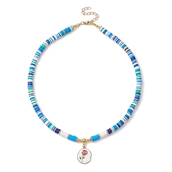 Deep Sky Blue Alloy Enamel Flower Pendant Necklace, with Polymer Clay Disc Beaded Chains, Deep Sky Blue, 21.65''(55cm)