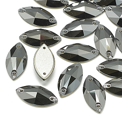 Jet Metallic Silver Sew on Rhinestone, K9 Glass Rhinestone, Two Holes, Garments Accessories, Random Color Back Plated, Faceted, Horse Eye, Jet Metallic Silver, 15x7x4mm, Hole: 1mm