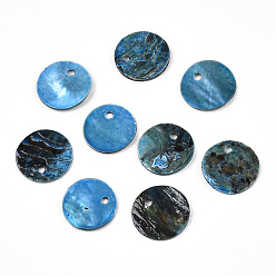 Dodger Azul Encantos naturales de conchas de akoya, dijes de disco de concha de nácar, teñido, azul dodger, 12~13x1~2 mm, agujero: 1.2~1.5 mm