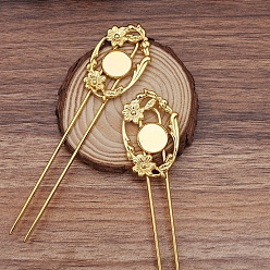 Golden Iron Hair Fork Findings, with Alloy Flower Findings, Long-Lasting Plated, Golden, 115x12mm, Round Tray: 14mm