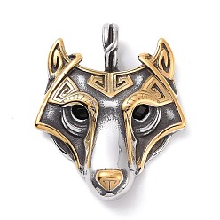Jet Tibetan Style Ion Plating(IP)304 Stainless Steel Pendants, with Rhinestone, Dog's Head Charms, Antique Silver & Golden, Jet, 47.5x39x6mm, Hole: 6.5x9.5mm