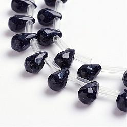 Blue Goldstone Synthetic Blue Goldstone Beads Strands, Top Drilled Beads, Teardrop, Faceted, 9x6mm, Hole: 1mm, about 38~44pcs/strand, 16.1 inch~18.1 inch(41~46cm)