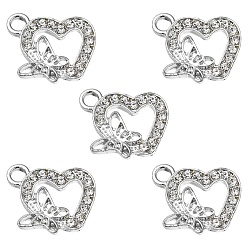Crystal Alloy Rhinestone Pendants, Platinum Tone Hollow Out Heart with Butterfly Charms, Crystal, 17.5x16.5x3.3mm, Hole: 2.7mm