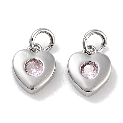 Pink Латунные микро проложить кубического циркония прелести, с целью перехода в кольце, сердце, платина, розовые, 8x6.5x2.5 мм, отверстие : 2.5 мм