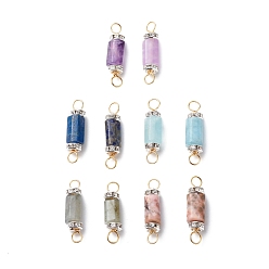 Mixed Stone Natural Mixed Gemstone Connector Charms, with Brass Rhinestone Beads and Golden Tone Copper Wires, Faceted Column, 27x7x7mm, Hole: 3.5mm