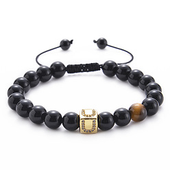 U Square Gemstone Letter Bracelet with Natural Agate and Tiger Eye Beads - A to Z Alphabet Design