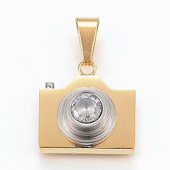 Golden 304 Stainless Steel Cubic Zirconia Pendants, Camera, Golden, 19.5x19.5x10mm, Hole: 5x10mm