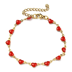 Red Golden 304 Stainless Steel Heart Link Chain Bracelet with Enamel, Red, 6-7/8 inch(17.5cm)