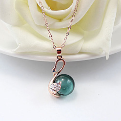 Teal Swan with Glass Ball Perfume Bottle Necklace with Brass Chains for Women, Rose Gold, Teal, 19.69 inch(50cm)