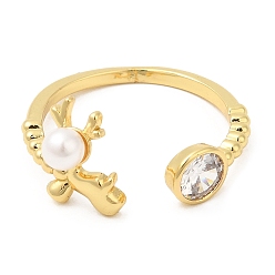 Real 18K Gold Plated Plastic Pearl Christmas Deer Open Cuff Ring with Cubic Zirconia, Rack Plating Brass Ring, Cadmium Free & Lead Free, Real 18K Gold Plated, Inner Diameter: 18mm