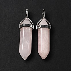 Розовый Кварц Кулоны из натурального розового кварца с двойной окантовкой, со сплавочной фурнитурой, пуля, платина, 38~45x12 мм, отверстие : 3x5 мм, драгоценный камень: 10 мм в диаметре