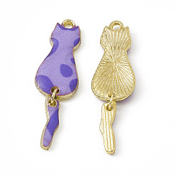 Lilac Painted Alloy Pendants, Cat Charm, Cadmium Free & Nickel Free & Lead Free, Golden, Lilac, 34x10x2.4mm, Hole: 1.5mm