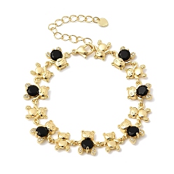 Черный Латунные браслеты-цепочки с микропаве из кубического циркония для женщин, медведь, со стеклом, стойки покрытие, долговечный, реальный 18 k позолоченный, без кадмия и без свинца, чёрные, 7.09 дюйм (18 см)