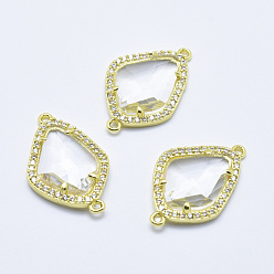 Clear Brass Micro Pave Cubic Zirconia Links, with Glass, Faceted, teardrop, Golden, Clear, 27x18x4.5mm, Hole: 1.4mm