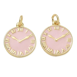 Pink Латунь эмаль подвески, часы прелести, без свинца и без кадмия, долговечный, стойки покрытие, реальный 18 k позолоченный, розовые, 17x15x1.5 мм, отверстие : 3.2 мм
