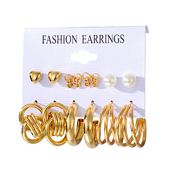 CY00079-1 Geometric Metal Earrings Set with Vintage Pearl and Inlaid Rhinestone - 6 Pieces