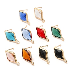 Mixed Color Brass Stud Earring Findings, with Glass and 304 Stainless Steel Pins & Horizontal Loops, Light Glod, Rhombus, Mixed Color, 18~19x10x4~4.5mm, Hole: 1.8mm, Pin: 0.8mm