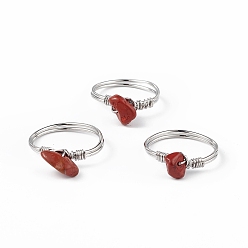 Red Jasper Natural Red Jasper Chips Finger Ring, Platinum Brass Wire Wrap Jewelry for Women, Inner Diameter: 18mm