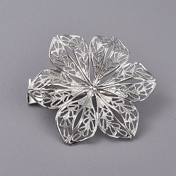 Platinum Hair Accessories Iron Alligator Hair Clip Findings, with Brass Filigree Flower Cabochon Bezel Settings, Platinum, Tray: 12mm, 48x10mm, Flower: 40mm