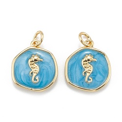 Real 18K Gold Plated Brass Enamel Pendants, with Jump Rings, Long-Lasting Plated, Flat Round with Sea Horse, Deep Sky Blue, Real 18K Gold Plated, 17x14.5x2.5mm, Hole: 3.5mm