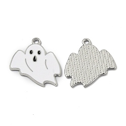 White Alloy Enamel Pendants, for Halloween, Ghost, Platinum, White, 26.5x23x1.2mm, Hole: 1.8mm