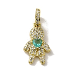 Green Rack Plating Brass Micro Pave Clear Cubic Zirconia Pendants, Real 18K Gold Plated, Long-Lasting Plated, Lead Free & Cadmium Free, Human, Green, 30.5x14x9mm, Hole: 5.5mm