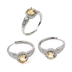 Quartz Jaune Micro cuivres ouvrent zircons bagues, plat rond, avec quartz jaune naturel, platine, plat rond: 9x9 mm, diamètre intérieur: 18 mm