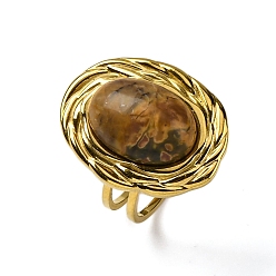 Пикассо Камень Овальные перстни из натуральной яшмы пикассо, 304 из нержавеющей стали Манжета кольца для женщин, золотые, овальный : 22x17.5 mm, регулируемый
