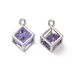 Púrpura Media Micro latón allanan colgantes cúbicos del zirconia, larga duración plateado, encanto del cubo, Platino, púrpura medio, 13x10x7 mm, agujero: 1.5 mm