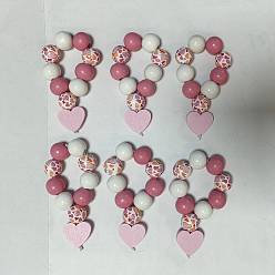 Pink Heart Wood Beaded Napkin Rings, Napkin Holder Adornment, for Wedding Home Decoration, Pink, 95mm, 6pcs/set