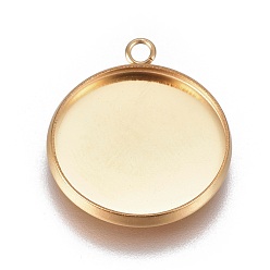 Golden Ion Plating(IP) 304 Stainless Steel Pendant Cabochon Settings, Plain Edge Bezel Cups, Flat Round, Golden, Tray: 16mm, 20.5x17.5x2mm, Hole: 1.8mm