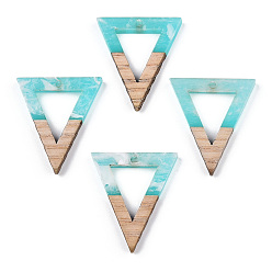Cyan Transparent Resin & White Wood Pendants, Two Tone, Hollow Triangle Charms, Cyan, 27.5x24x3.5mm, Hole: 1.8mm