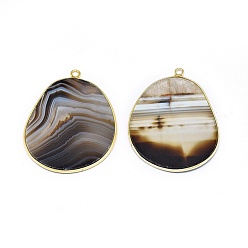 Banded Agate Natural Natural Striped Agate/Banded Agate Pendants, with Brass Findings, Golden, 33.5~34x27x2mm, Hole: 1.5mm