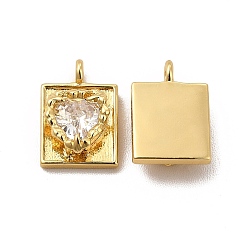 Clear Rack Plating Brass Micro Pave Cubic Zirconia Charms, Long-Lasting Plated, Cadmium Free & Lead Free, Rectangle with Heart Charm, Real 18K Gold Plated, Clear, 12x8x4mm, Hole: 1.4mm