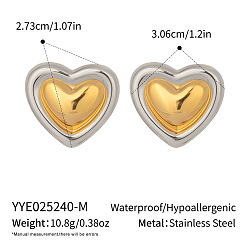 Настоящее золото 18K Двухцветное сердце 304 серьги-гвоздики из нержавеющей стали, реальный 18 k позолоченный, 27.3x30.6 мм