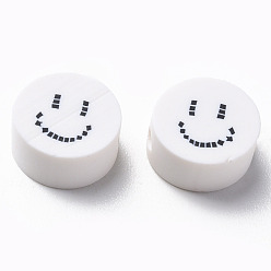 Белый Бусины из полимерной глины , для поделок ювелирных изделий, плоские круглые с улыбающееся лицо, белые, 9x4~5 мм, отверстие : 1.6 мм