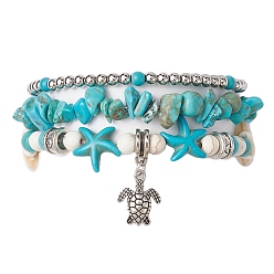 Synthetic Turquoise 3Pcs 3 Style Synthetic Turquoise Chips & Starfish Beaded Stretch Bracelets Set, Stackable Bracelet with Alloy Turtle Charms, Inner Diameter: 2-1/8~2-1/2 inch(5.4~6.2cm), 1Pc/style