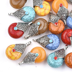 Mixed Color Tibetan Style Resin Pendants, with Alloy & Enamel, teardrop, Antique Silver, Mixed Color, 28x16x14mm, Hole: 2~3.5mm
