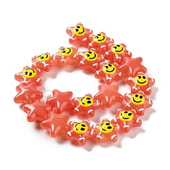 Coral Glass Enamel Beads, Star with Smiling Face Pattern, Coral, 20.5x22x11mm, Hole: 1.6mm
