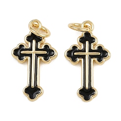 Черный Латунь эмаль подвески, крест прелести, с прыжковых колец, стойки покрытие, реальный 18 k позолоченный, без свинца и без кадмия, долговечный, чёрные, 18x10x2 мм, отверстие : 3.5 мм