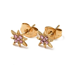 Light Rose Rhinestone Flower Stud Earrings with 316 Surgical Stainless Steel Pins, Gold Plated 304 Stainless Steel Jewelry for Women, Light Rose, 8x8mm, Pin: 0.8mm