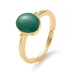 Real 18K Gold Plated Green Enamel Oval Adjustable Ring, Rack Plating Brass Jewelry for Women, Cadmium Free & Lead Free, Real 18K Gold Plated, US Size 5 1/4(15.9mm)