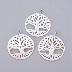 White Shell Natural White Shell Mother of Pearl Shell Pendants, with Brass Findings, Flat Round with Tree of Life, Platinum, 45~45.5x2~4.5mm, Hole: 4x4.5mm