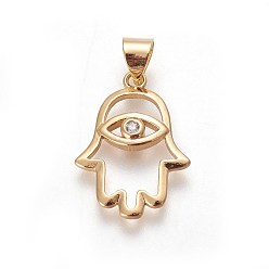 Golden Brass Pendants, with Cubic Zirconia, Hamsa Hand with Eye, Clear, Golden, 20.5x15x2.8mm, Hole: 3.5x4.5mm