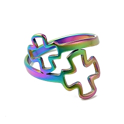 Rainbow Color Chapado en iones (ip) 201 anillo de dedo de doble cruz de acero inoxidable para mujer, color del arco iris, tamaño de EE. UU. 6 1/2 (16.9 mm)