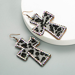 black Bold Cross-Printed Double-Sided Leather Leopard Earrings with Long Length and Full Diamonds - Retro Statement Jewelry