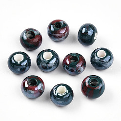 Темный Голубой Фарфора ручной работы европейский бусины, бусины с большим отверстием, жемчужные, рондель, темные голубые, 12x9 мм, отверстие : 4 мм