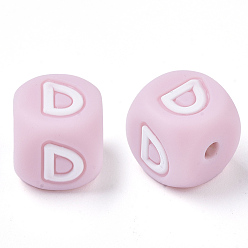 Letter D Food Grade Eco-Friendly Silicone Beads, Horizontal Hole, Chewing Beads For Teethers, DIY Nursing Necklaces Making, Letter Style, Cube, Pink, Letter.D, 12x12x12mm, Hole: 2mm