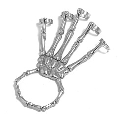 Stainless Steel Color Halloween Themed Skull Alloy Full Hand Ring Bracelet, Stretch Bracelet with 5 Adjustable Rings for Women, Stainless Steel Color, Inner Diameter: 2-3/8 inch(6cm)